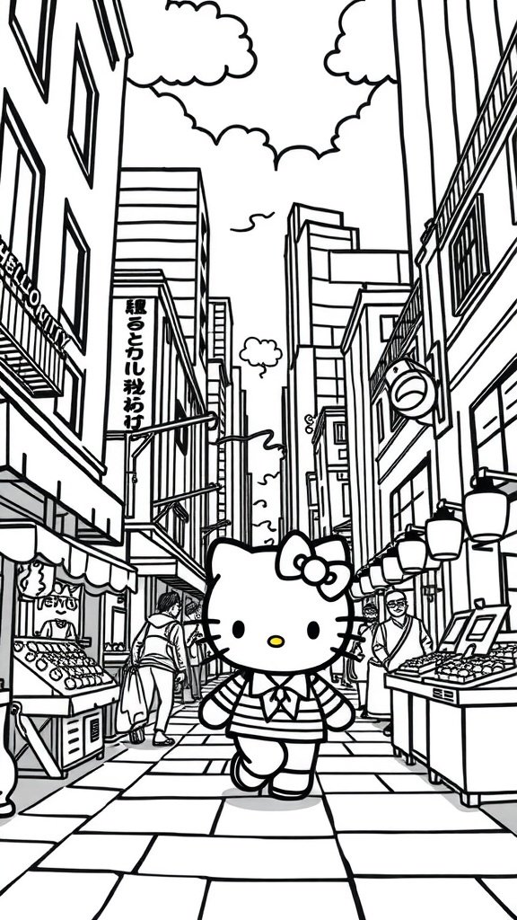 Coloring page featuring Hello Kitty walking in a city market