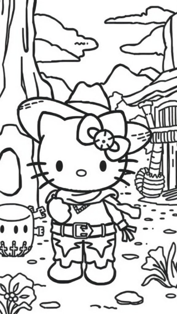 A black and white coloring page of Hello Kitty dressed as a cowboy in a Wild West setting.