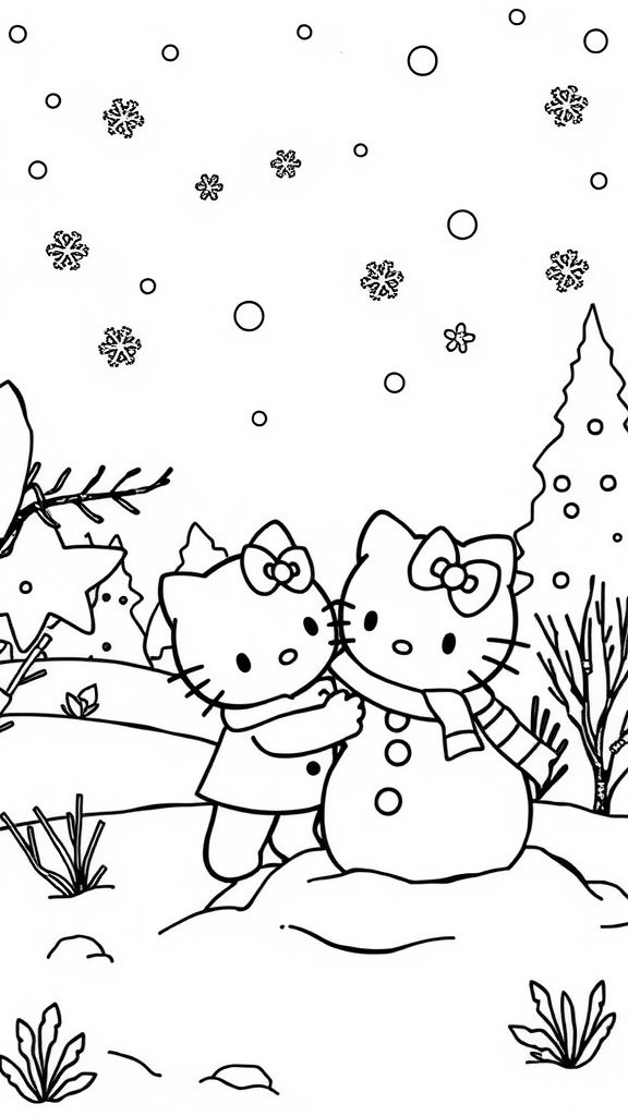 A coloring page featuring Hello Kitty and a friend building a snowman in a winter landscape.