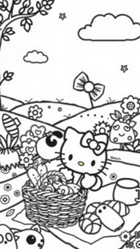 Hello Kitty on a picnic with a basket of snacks and flowers in a cute outdoor setting.