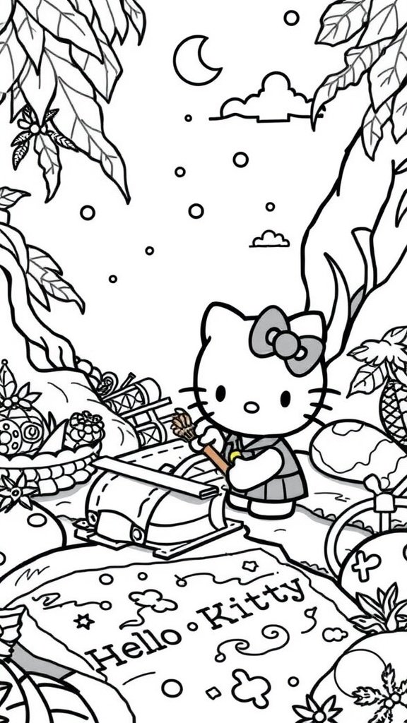 Hello Kitty holding a treasure map in a whimsical setting