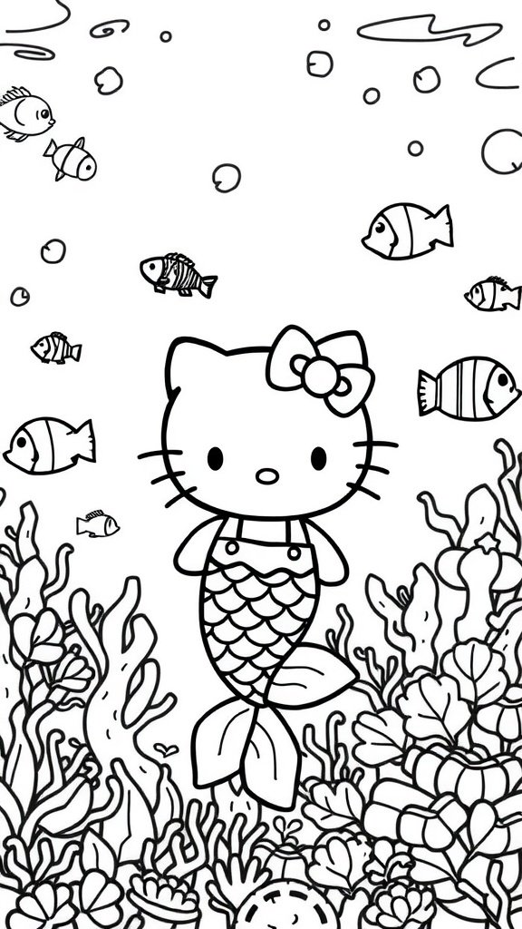 Hello Kitty as a mermaid underwater with fish and corals