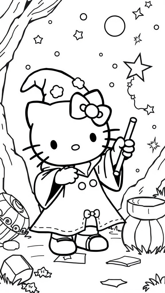 Hello Kitty holding a magic wand in a whimsical setting