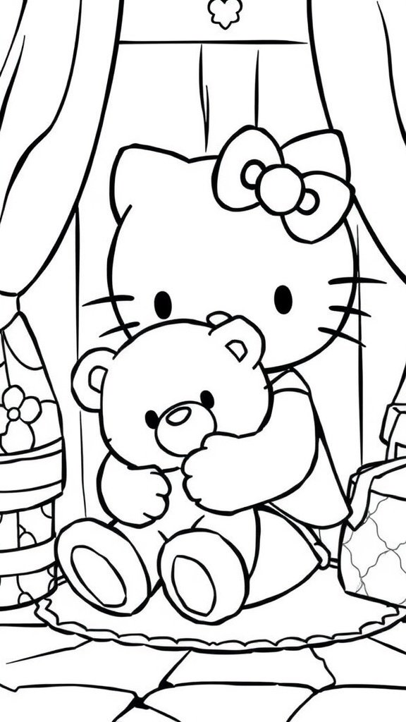 Coloring page featuring Hello Kitty holding a teddy bear