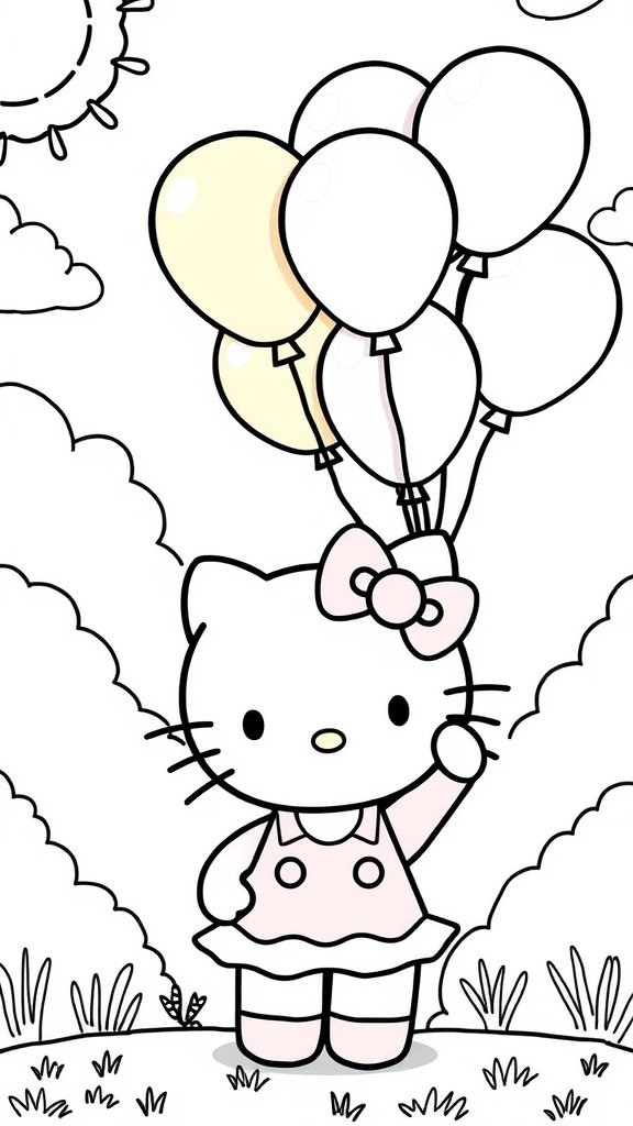 A coloring page featuring Hello Kitty holding colorful balloons in a sunny outdoor setting.