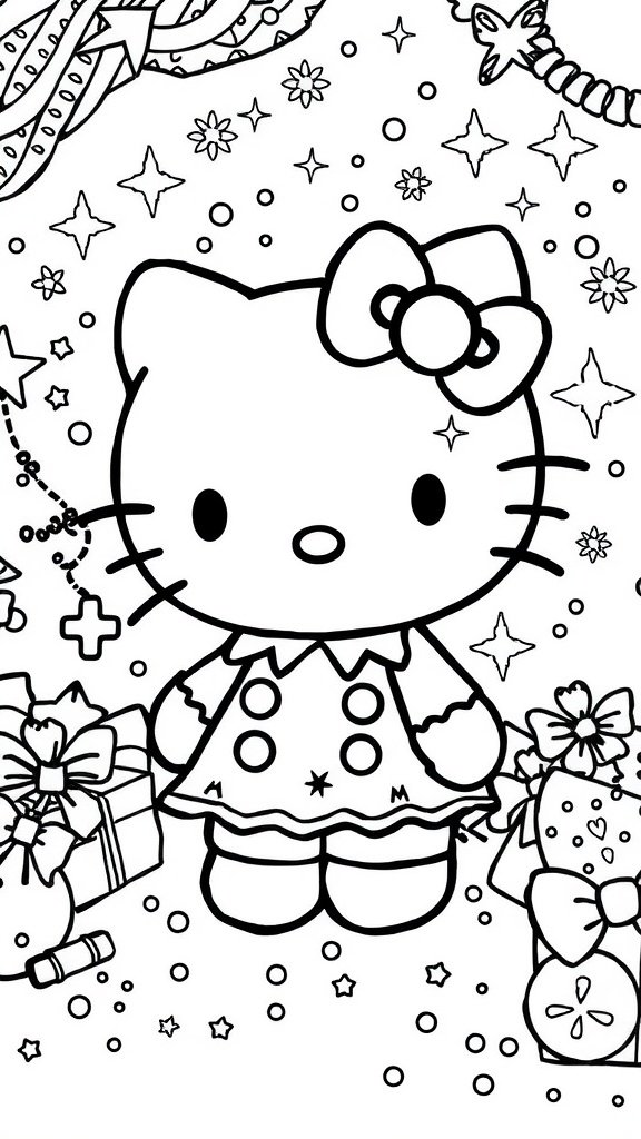 Hello Kitty coloring page with gifts and stars