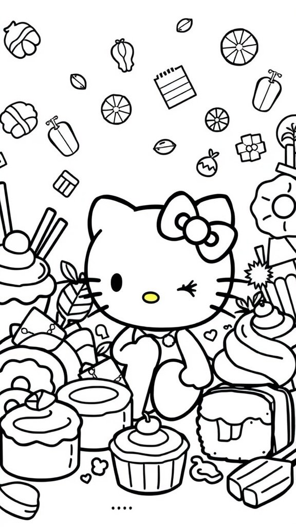 A coloring page featuring Hello Kitty surrounded by various sweets and desserts.