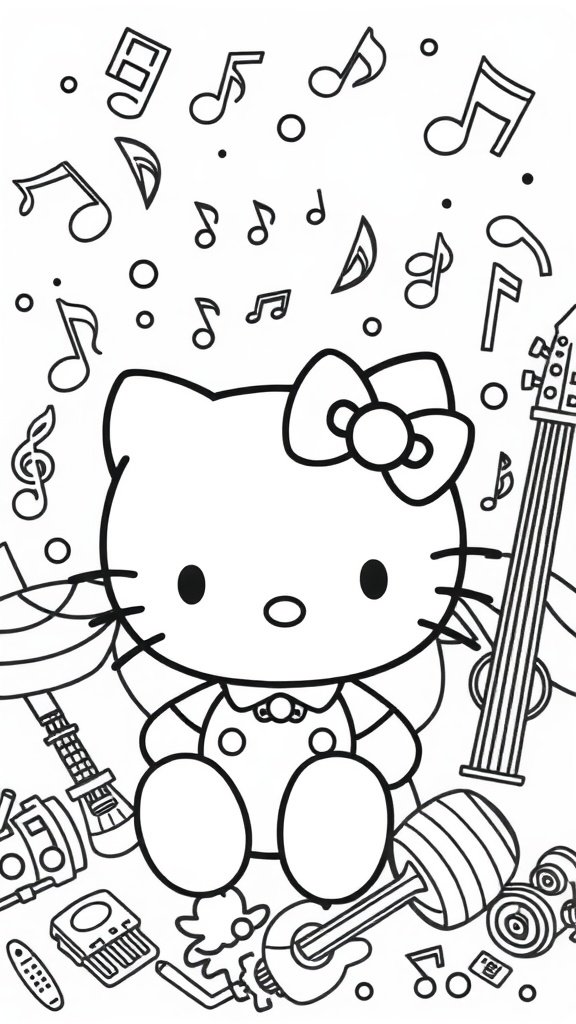 Coloring page of Hello Kitty with musical notes and instruments.