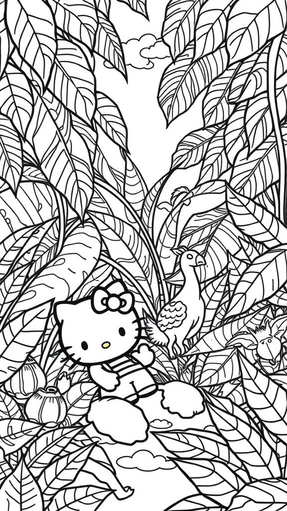 Hello Kitty standing in a jungle with leaves and birds