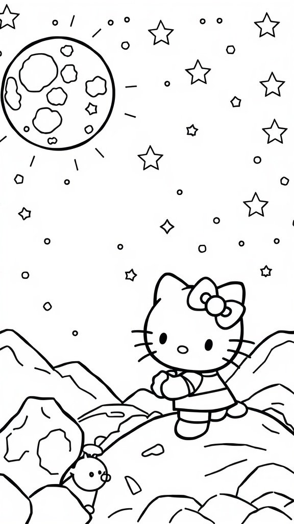 A coloring page of Hello Kitty on the moon with stars and a cute little creature.