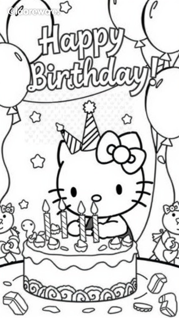 Coloring page of Hello Kitty celebrating her birthday with a cake and balloons.