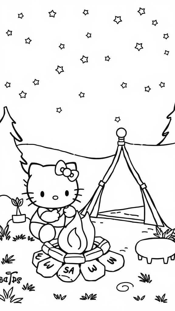 A coloring page featuring Hello Kitty sitting by a campfire with a tent in the background and stars above.