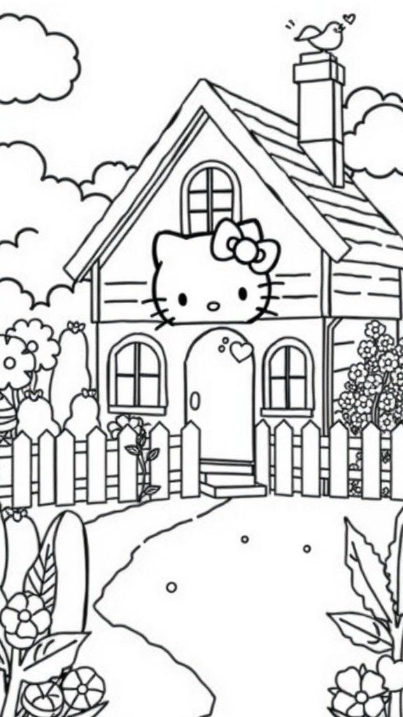 Coloring page of Hello Kitty's house with flowers and a bird