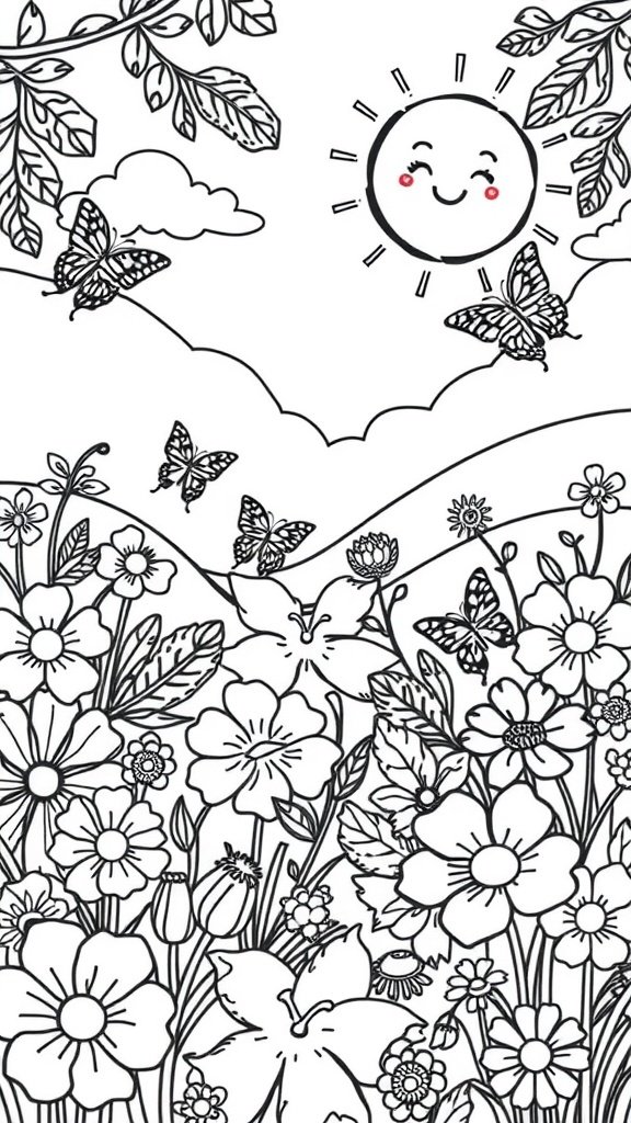 Coloring page of a sunny landscape with flowers and butterflies