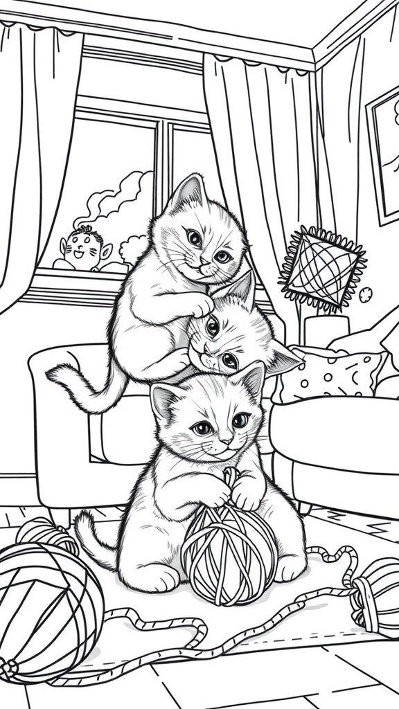 Cute kittens playing with yarn in a cozy living room