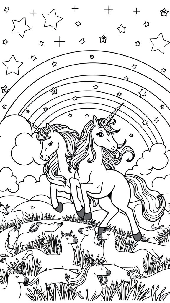 Coloring page with two unicorns, a rainbow, clouds, and stars.