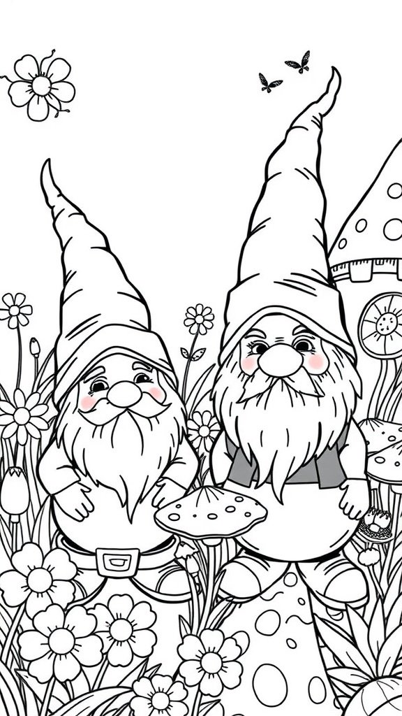 Two playful garden gnomes surrounded by flowers and mushrooms, ready for coloring.