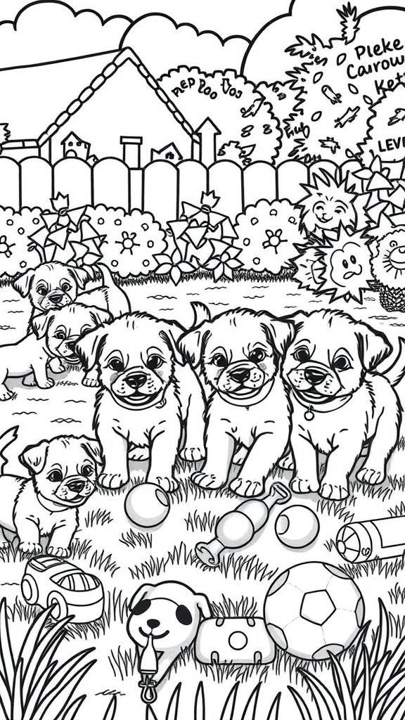 Coloring page of playful puppies in a garden with toys