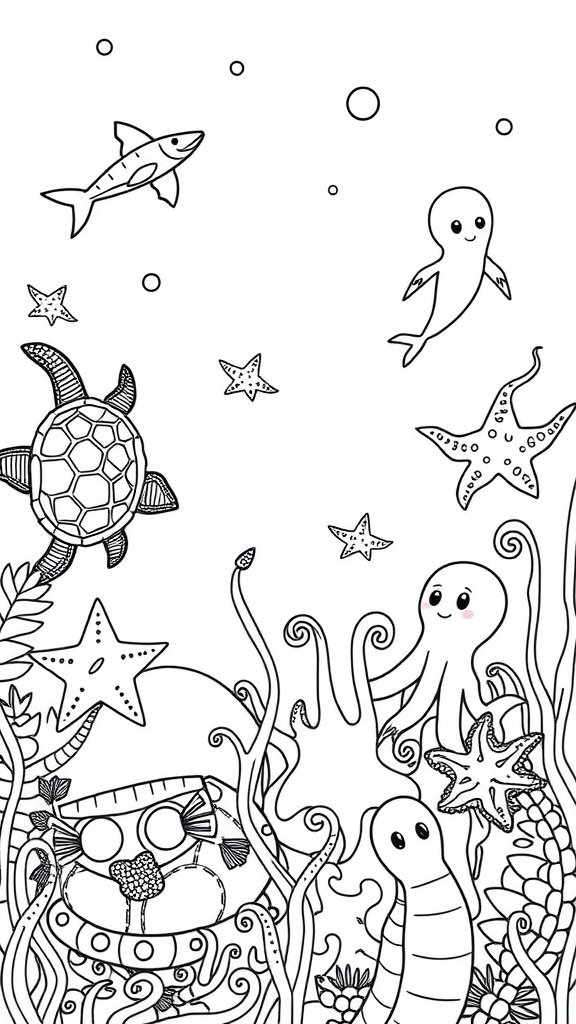 A coloring page featuring playful sea creatures, including an octopus, turtle, fish, starfish, and seahorse in an underwater scene.