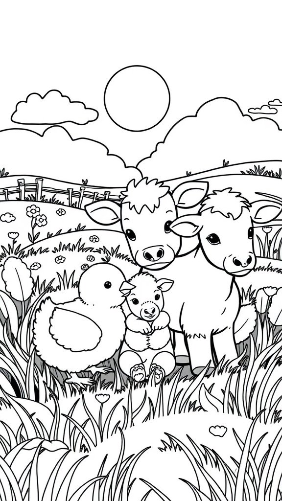 Coloring page of cute baby animals including a chick, lamb, and calves in a sunny landscape.