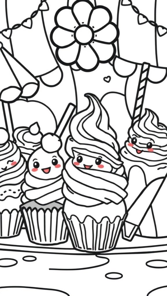 Coloring page featuring cute cupcakes and sweet treats with playful designs.