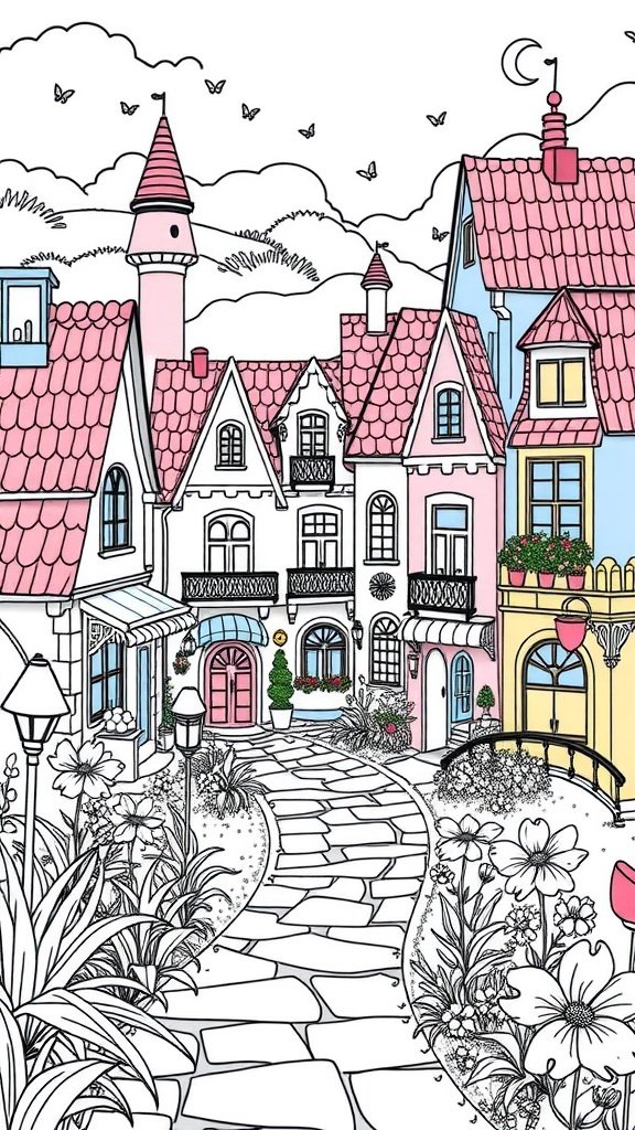 A whimsical illustration of colorful houses with a winding path surrounded by flowers.