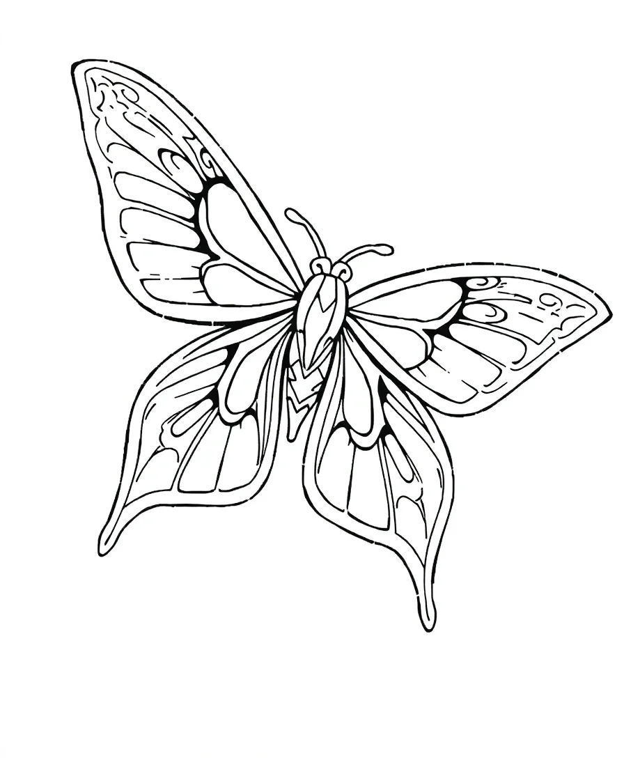 Line art of a Luna moth with large, symmetrical wings and bold outlines