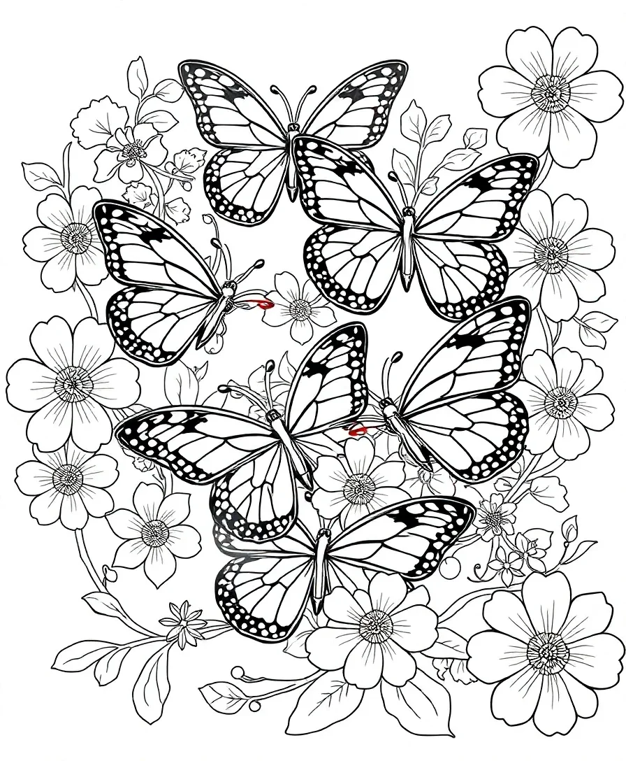 Line art of a fantasy butterfly garden with multiple butterflies and intricate floral patterns