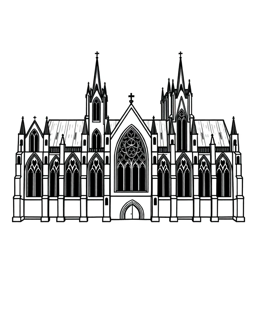 Line art of a gothic cathedral with detailed arches and window patterns