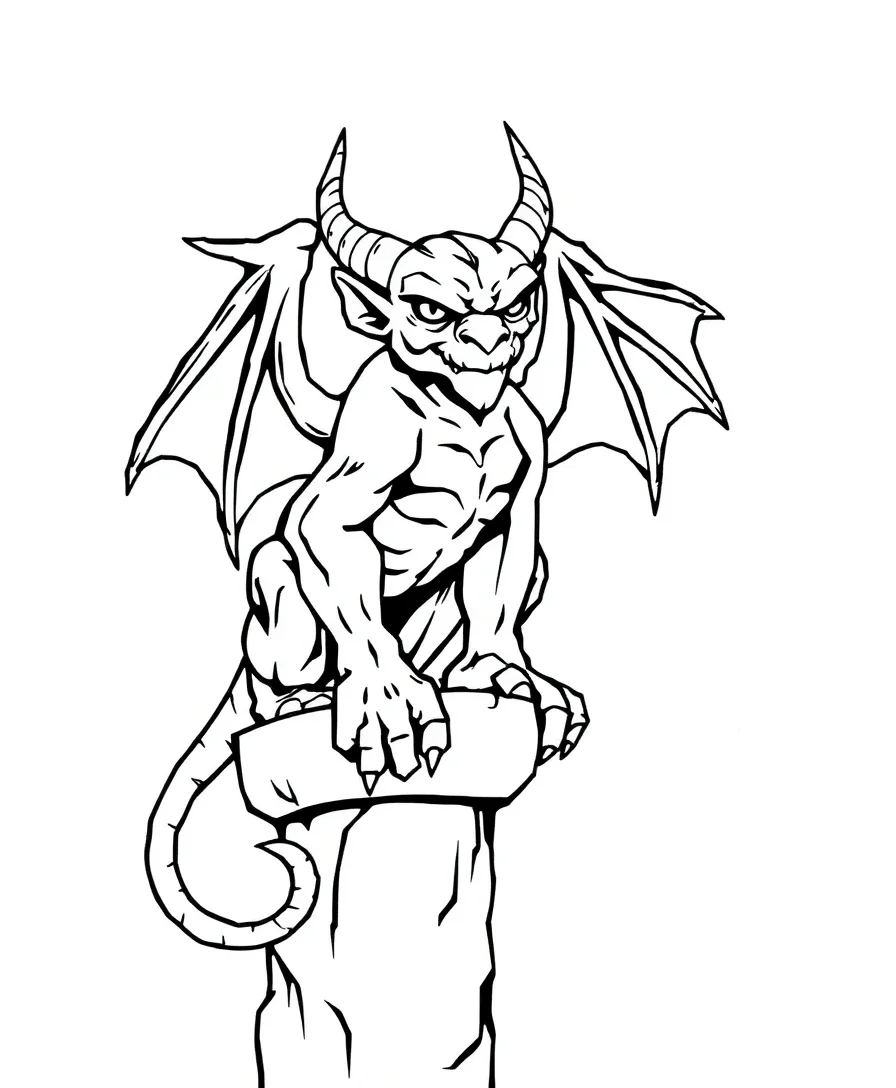 Line art of a gargoyle with bold outlines and mythical features