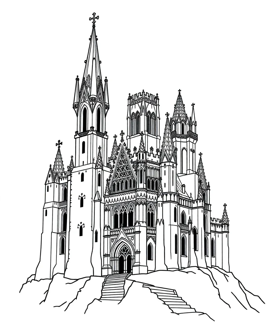 Line art of a gothic castle with intricate spires and patterns