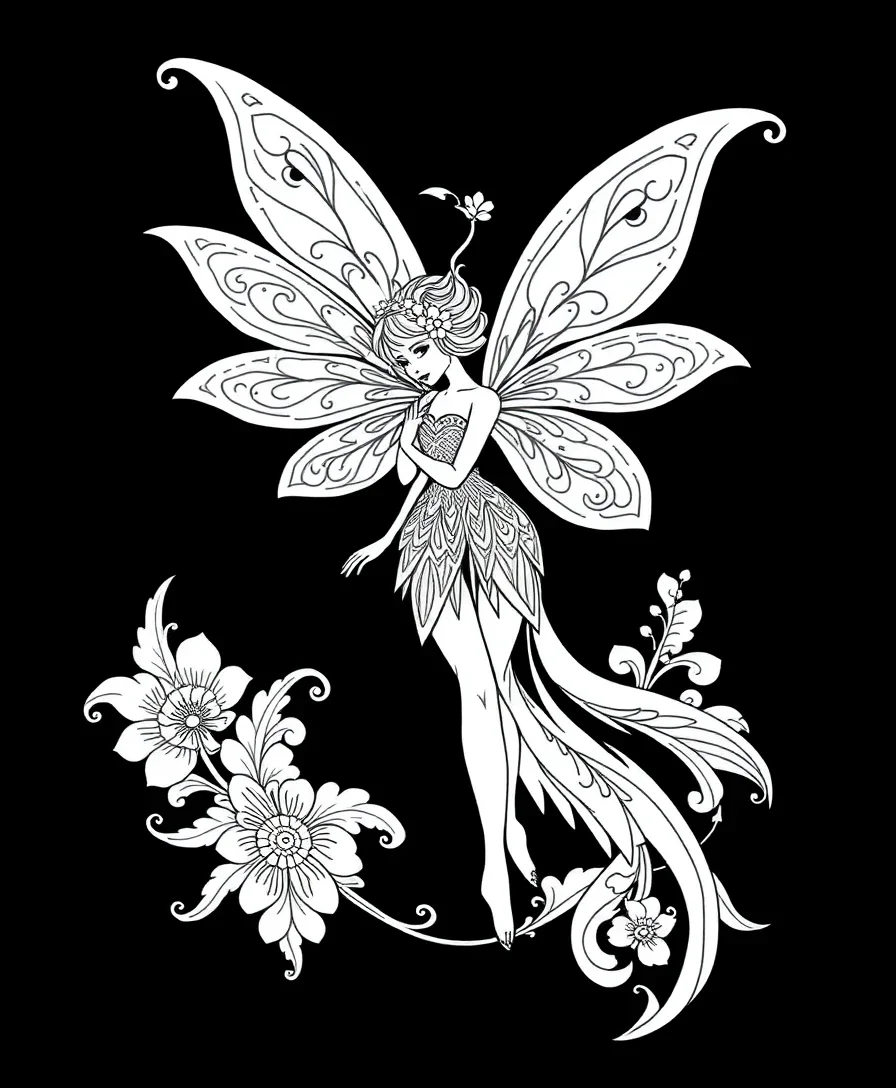 Line art of a fairy with elegant wings and intricate details