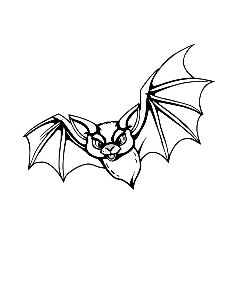 Line art of a bat with bold outlines and detailed wing patterns