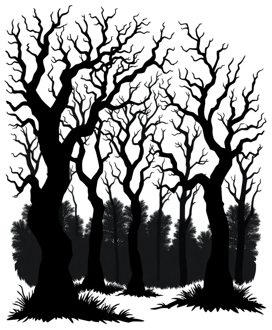 Line art of a dark forest with bold tree silhouettes