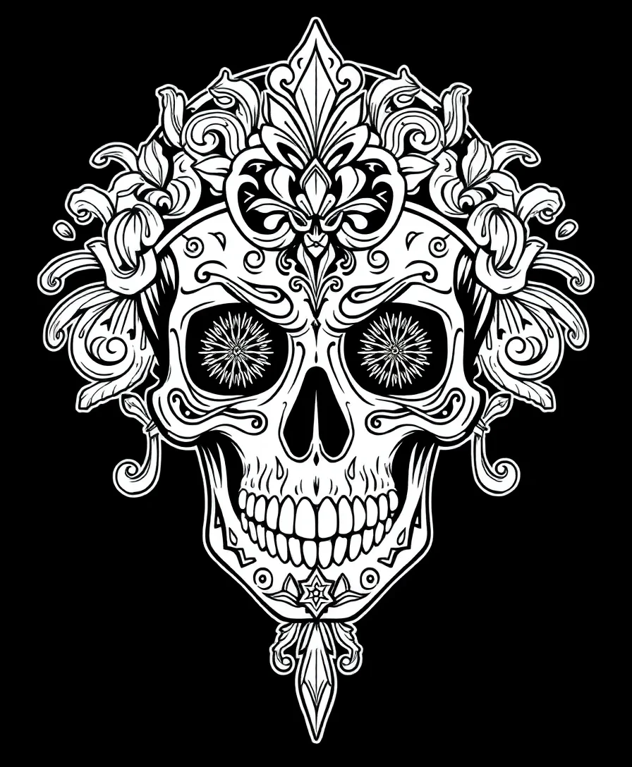 Line art of a Victorian skull with intricate and elegant patterns