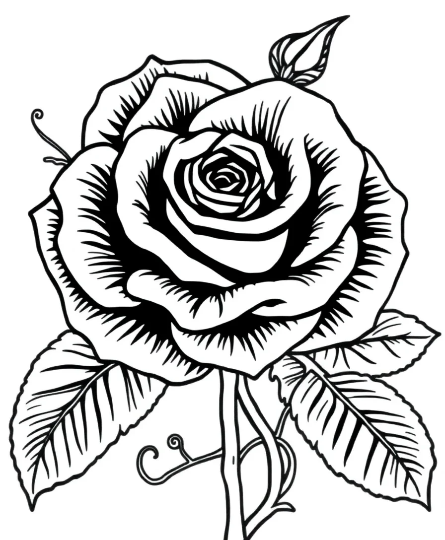 Line art of a gothic rose with intricate petals and stems
