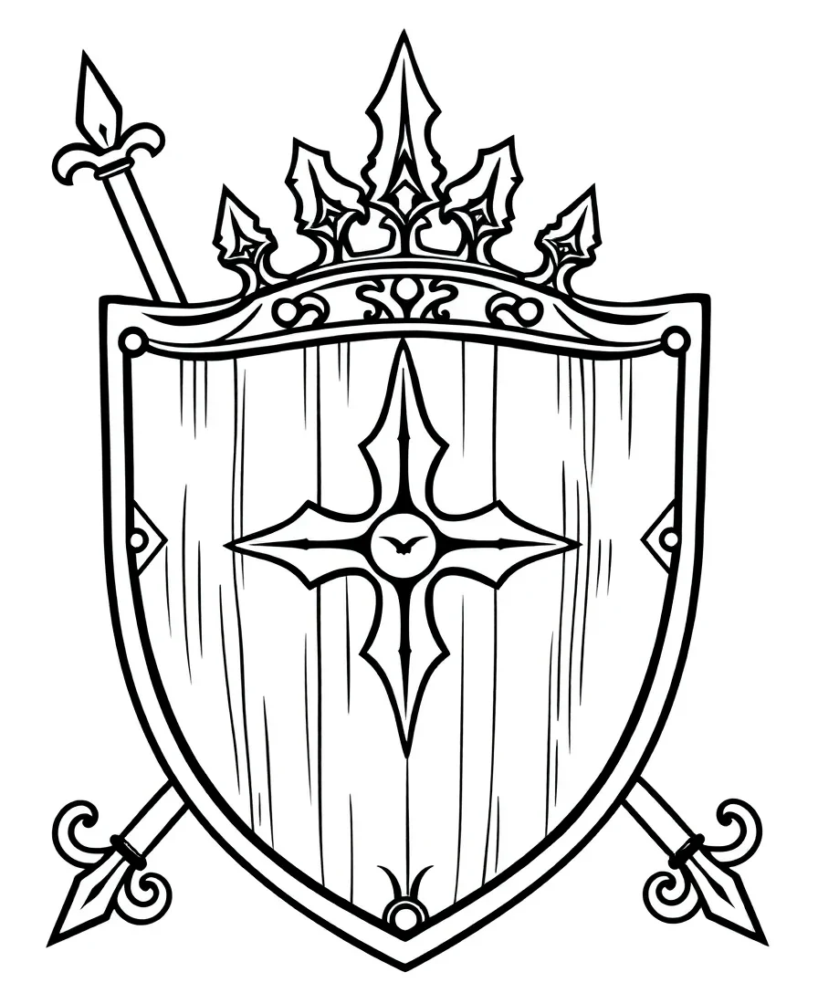Line art of a medieval shield with intricate crest details