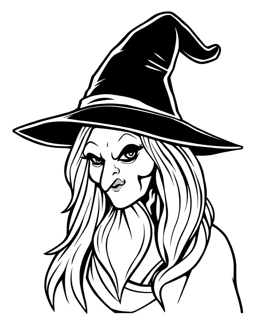 Line art of a witch with a pointed hat and intricate details
