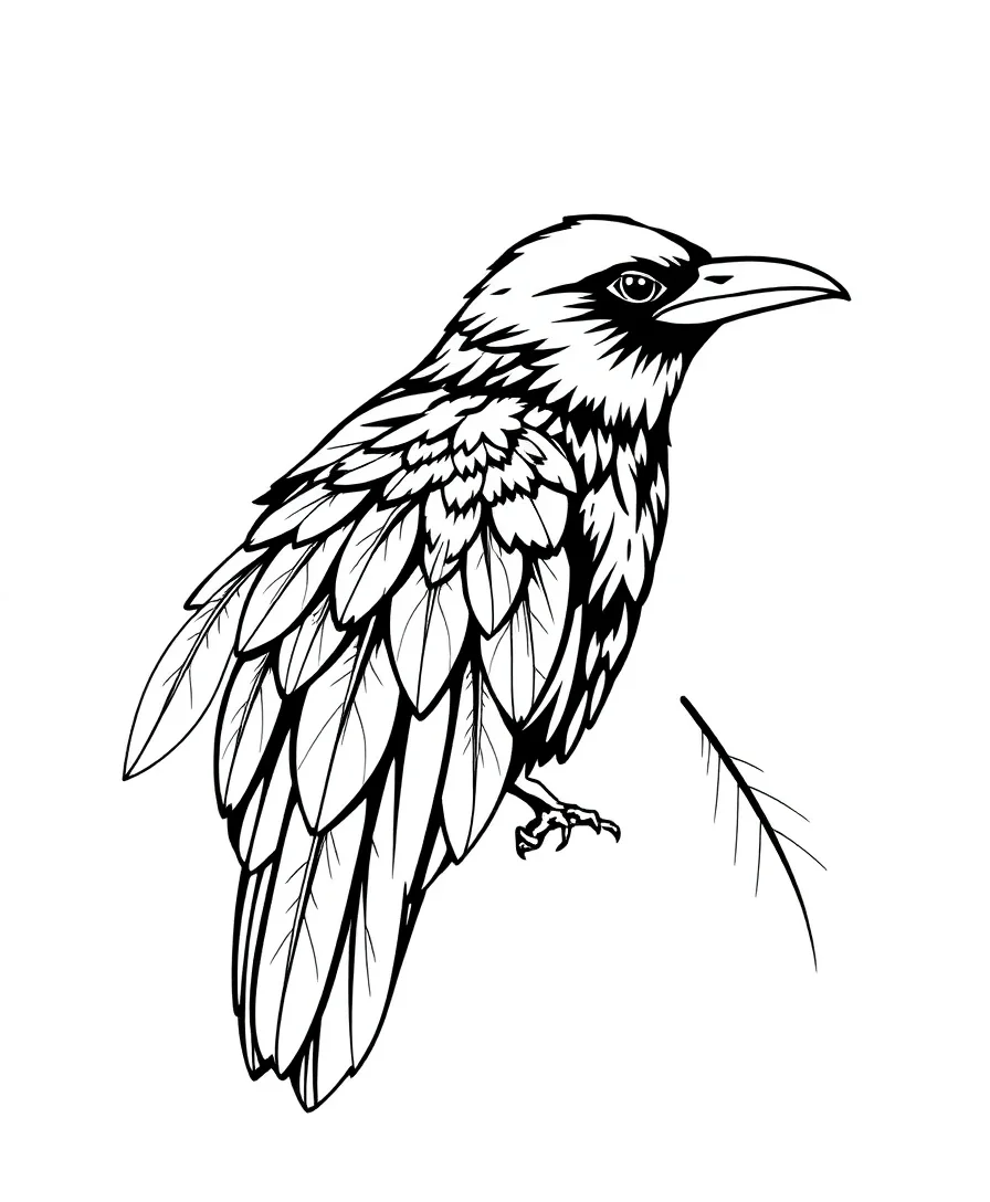 Line art of a raven with intricate feather details