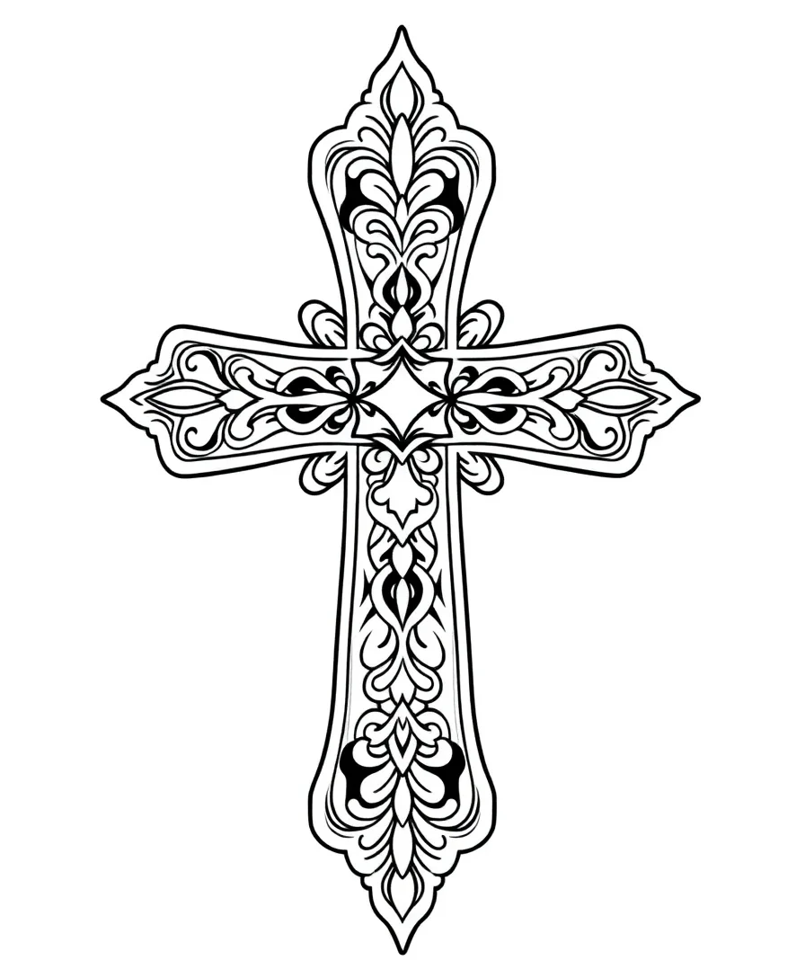 Line art of an ornate cross with intricate symmetrical details