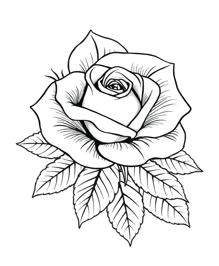 Black and white floral design featuring a rose with detailed petals