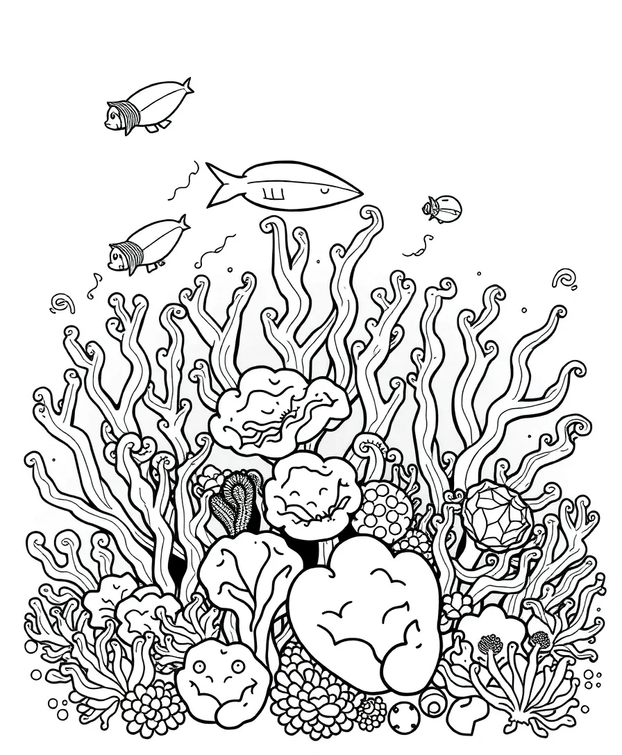 Black and white underwater design featuring a coral reef with intricate details