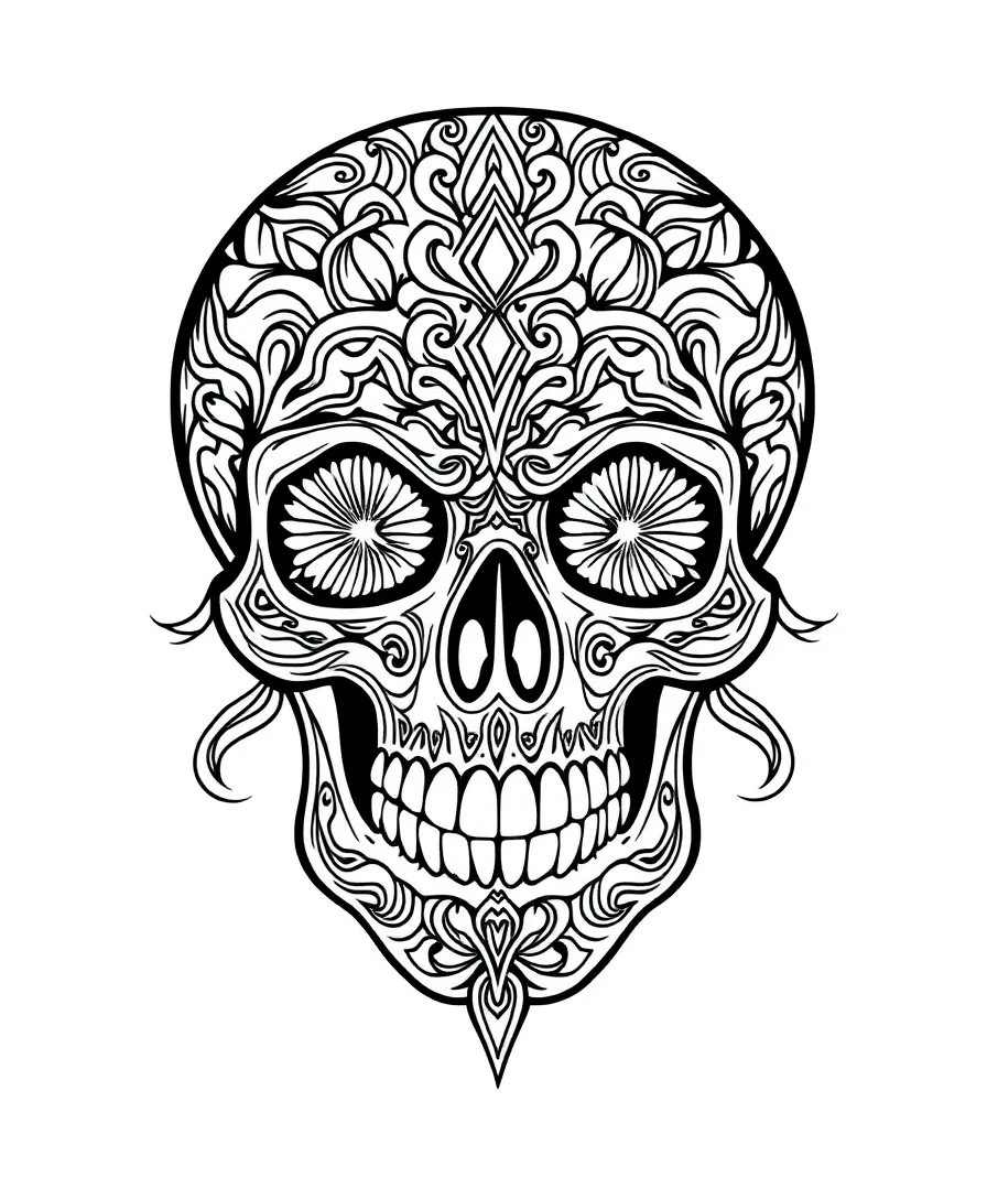 Black and white gothic design featuring an ornate skull with intricate details