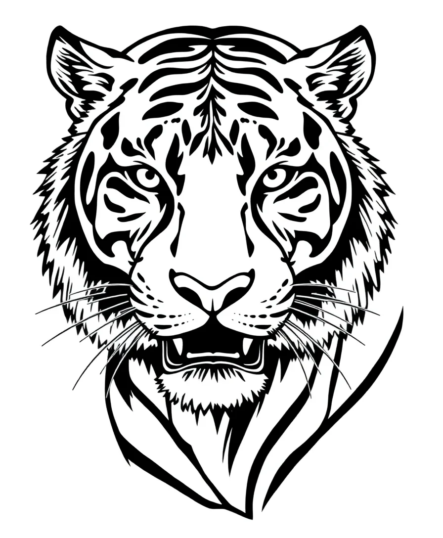 Black and white wildlife design featuring a tiger with intricate stripes