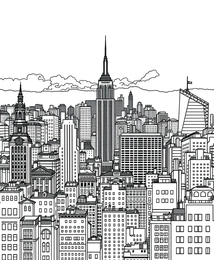 Black and white architectural design featuring a detailed cityscape