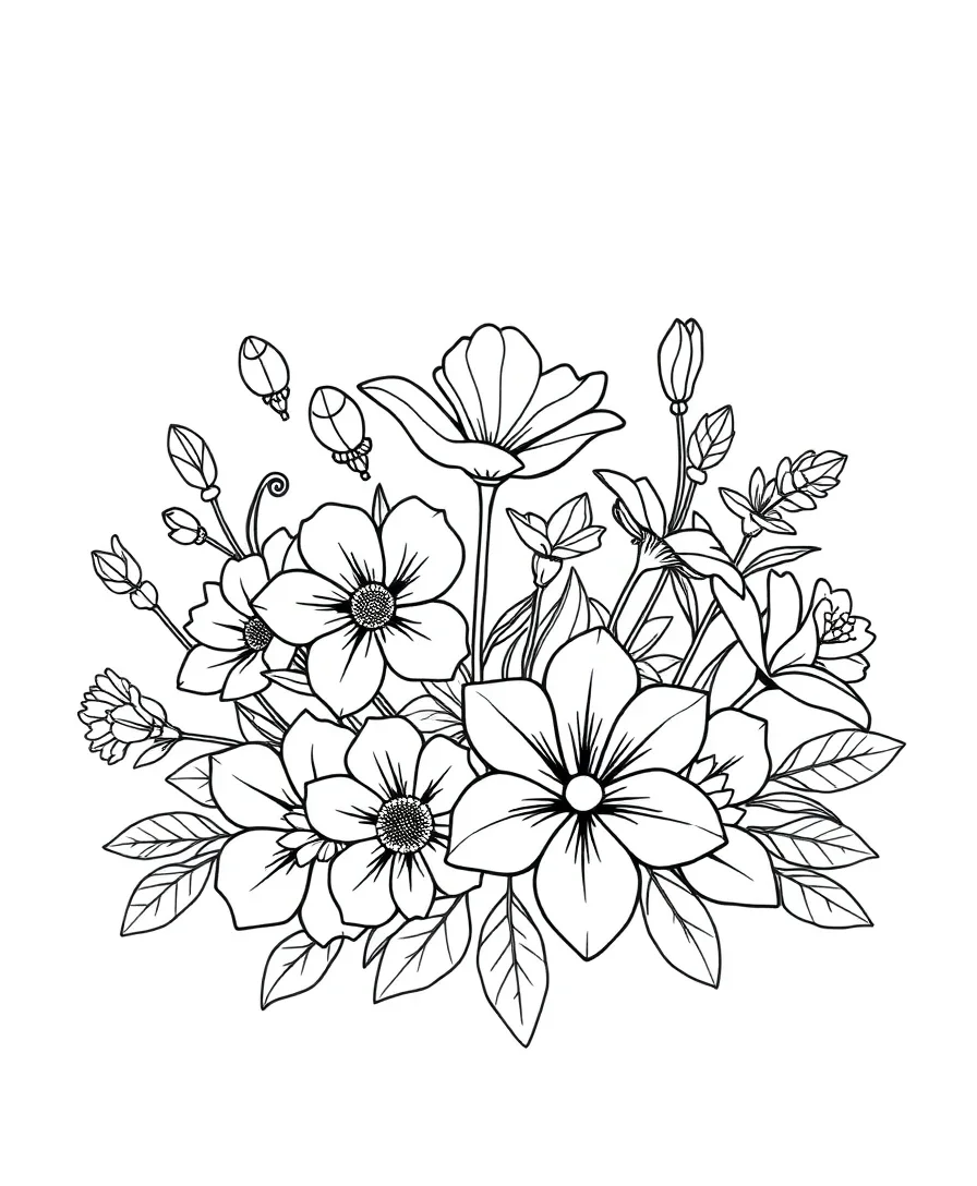 Elegant floral arrangement with various flowers and bold outlines