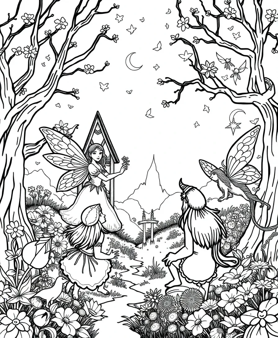 Whimsical fairy tale scene designs with bold outlines