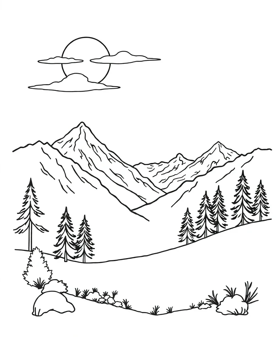 Serene landscape scene with mountains and trees