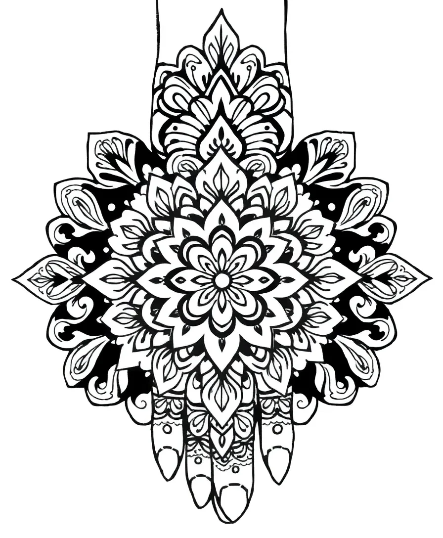 Intricate henna pattern with bold outlines and flowing motifs