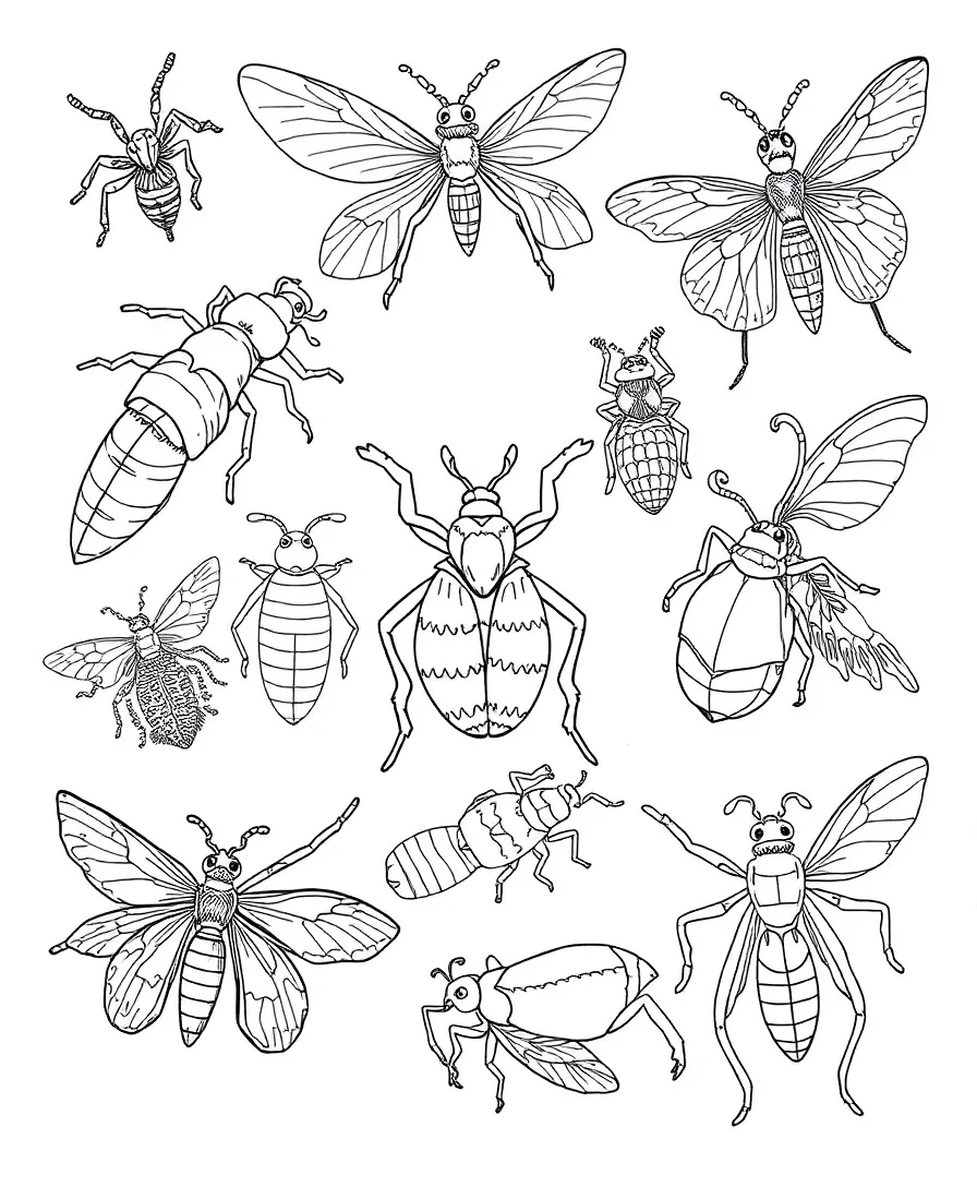 Detailed insect designs with bold outlines
